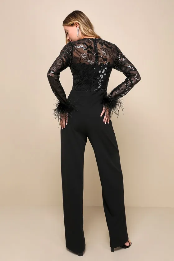 Limitless Radiance Black Sequin Feather Long Sleeve Jumpsuit sold by Lulus product image thumbnail 4
