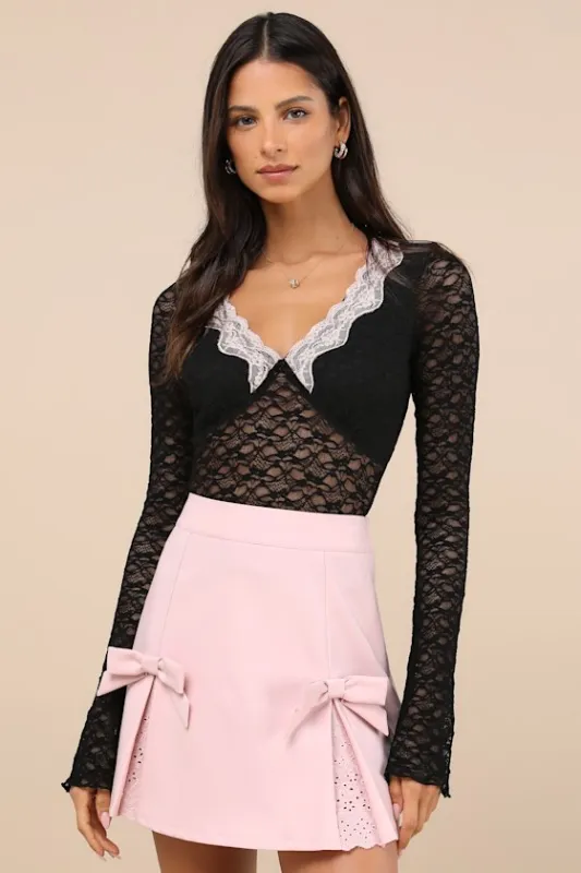 Chantal Black and Pink Sheer Lace Long Sleeve Top sold by Lulus