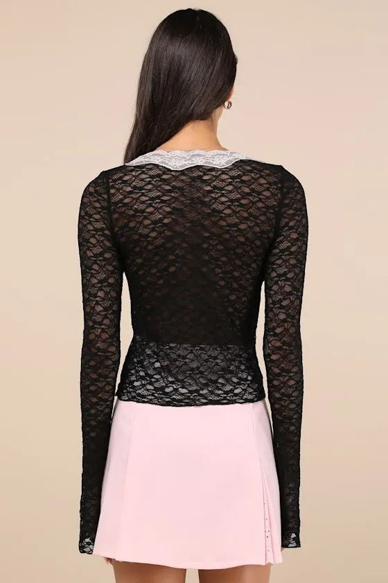 Chantal Black and Pink Sheer Lace Long Sleeve Top sold by Lulus product image thumbnail 2