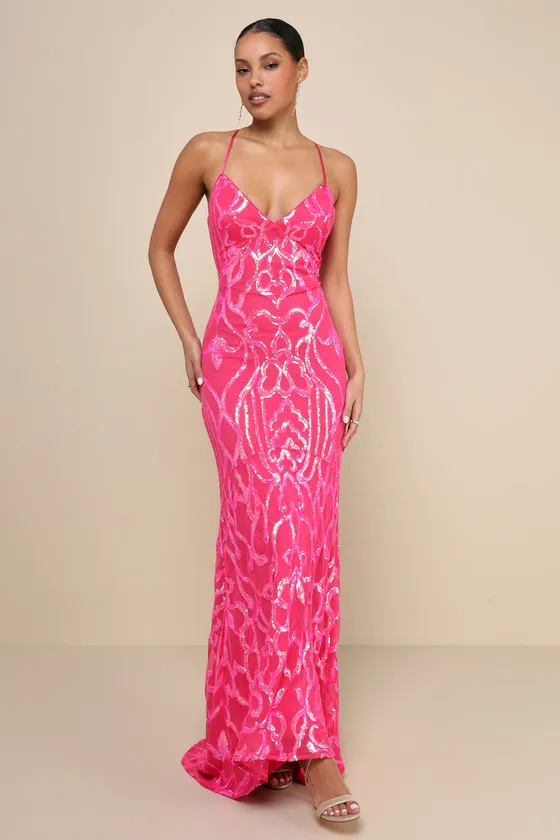 Perfect Enchantment Hot Pink Sequin Lace-Up Mermaid Maxi Dress sold by Lulus