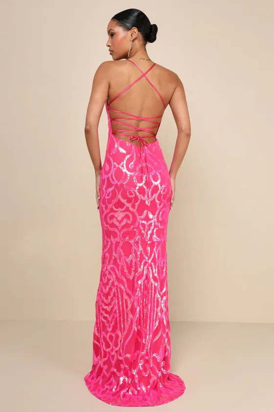 Perfect Enchantment Hot Pink Sequin Lace-Up Mermaid Maxi Dress sold by Lulus product image thumbnail 2