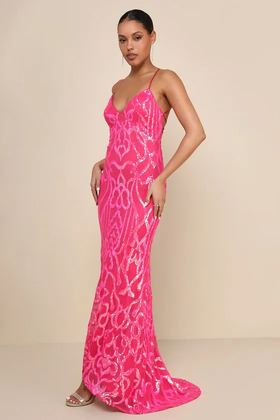 Perfect Enchantment Hot Pink Sequin Lace-Up Mermaid Maxi Dress sold by Lulus product image thumbnail 3
