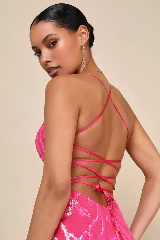 Perfect Enchantment Hot Pink Sequin Lace-Up Mermaid Maxi Dress sold by Lulus product image thumbnail 4