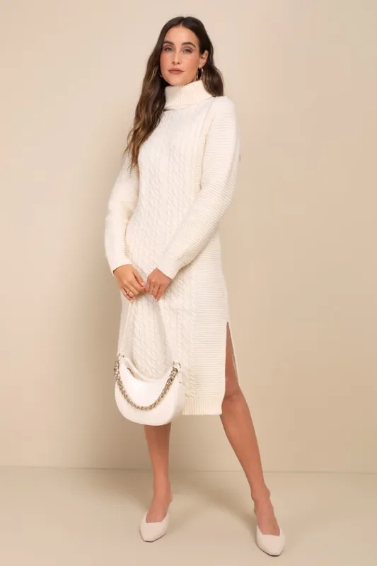 Snuggly Forecast Cream Cable Knit Turtleneck Sweater Midi Dress sold by Lulus