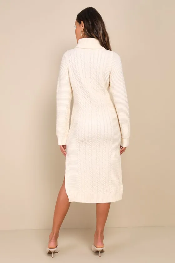 Snuggly Forecast Cream Cable Knit Turtleneck Sweater Midi Dress sold by Lulus product image thumbnail 4