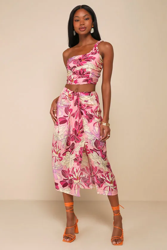 Something Wild Pink Floral Print Twist-Front Midi Skirt sold by Lulus