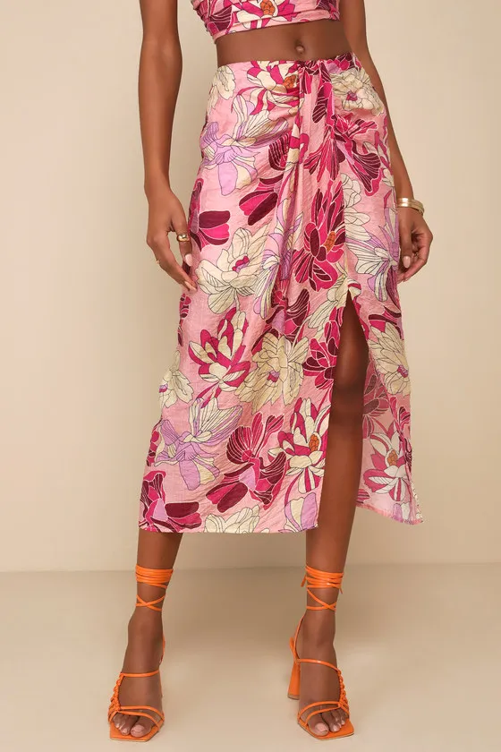 Something Wild Pink Floral Print Twist-Front Midi Skirt sold by Lulus product image thumbnail 2