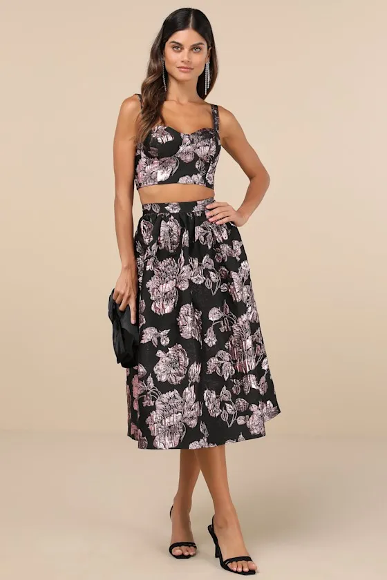 Flirtatious Cues Black and Metallic Pink Jacquard Midi Skirt sold by Lulus
