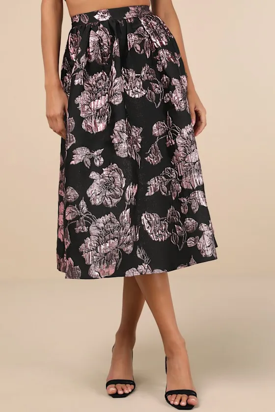 Flirtatious Cues Black and Metallic Pink Jacquard Midi Skirt sold by Lulus product image thumbnail 2