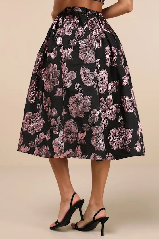 Flirtatious Cues Black and Metallic Pink Jacquard Midi Skirt sold by Lulus product image thumbnail 3