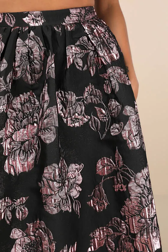 Flirtatious Cues Black and Metallic Pink Jacquard Midi Skirt sold by Lulus product image thumbnail 4