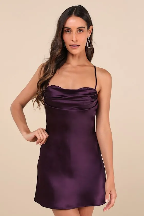 Luxe Simplicity Dark Plum Satin Lace-Up Mini Dress sold by Lulus