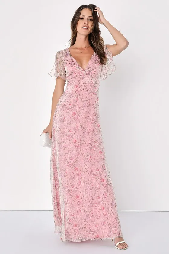 Dreamiest Desires Pink Floral Flutter Sleeve Maxi Dress sold by Lulus