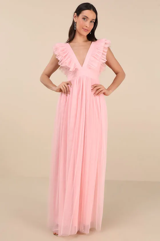 Simply Delighted Pink Mesh Ruffled Backless Maxi Dress sold by Lulus