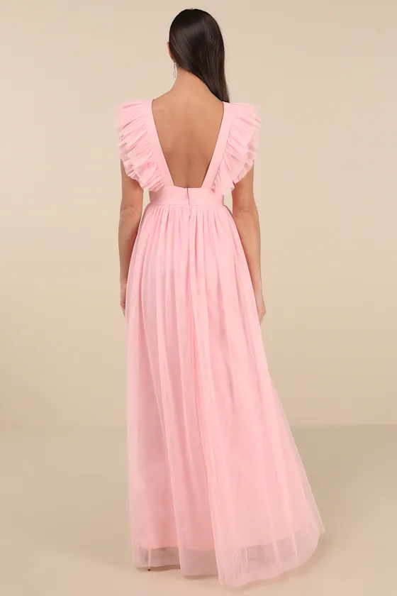 Simply Delighted Pink Mesh Ruffled Backless Maxi Dress sold by Lulus product image thumbnail 2