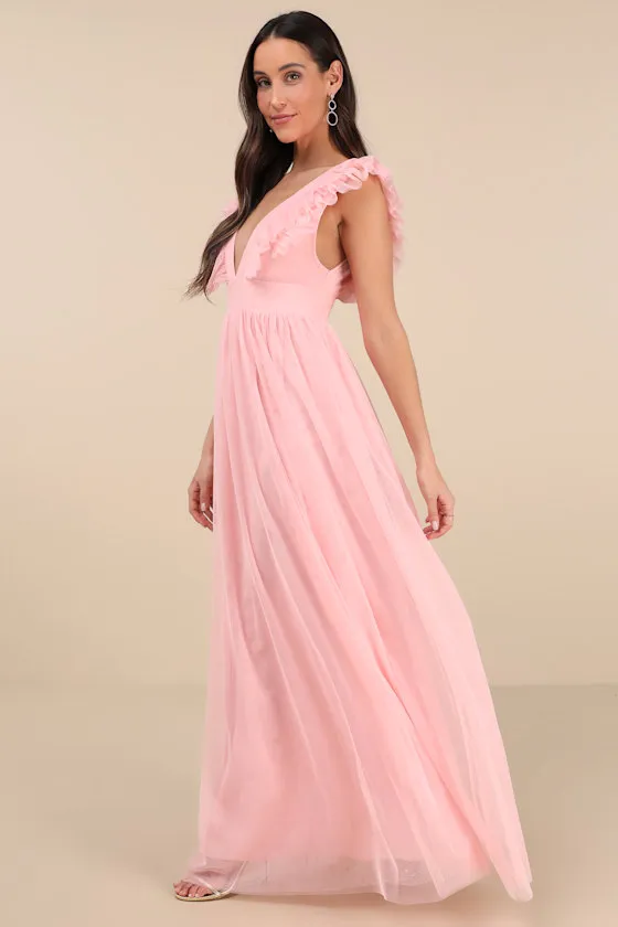 Simply Delighted Pink Mesh Ruffled Backless Maxi Dress sold by Lulus product image thumbnail 3