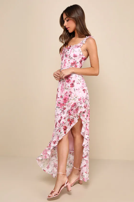 Lovable Spirit Pink Floral Burnout Ruffled High-Low Maxi Dress sold by Lulus product image thumbnail 2