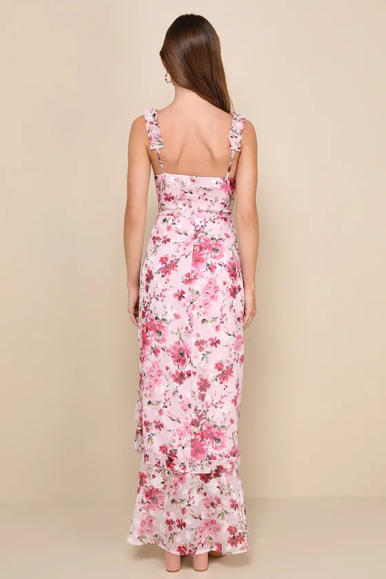 Lovable Spirit Pink Floral Burnout Ruffled High-Low Maxi Dress sold by Lulus product image thumbnail 3