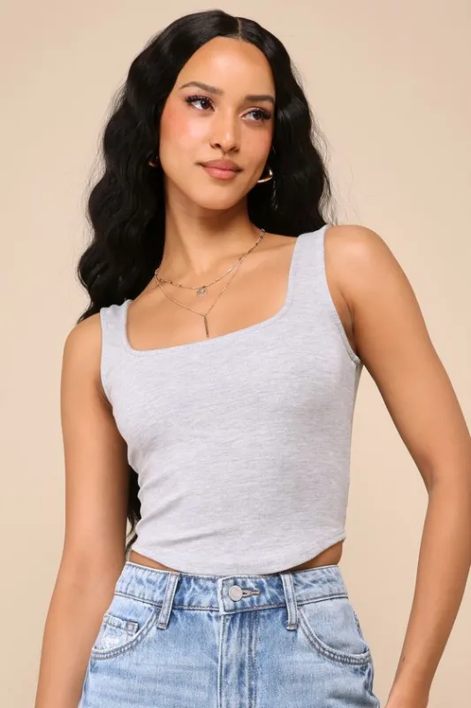 Casual Sunshine Heather Grey Square Neck Cropped Tank Top sold by Lulus