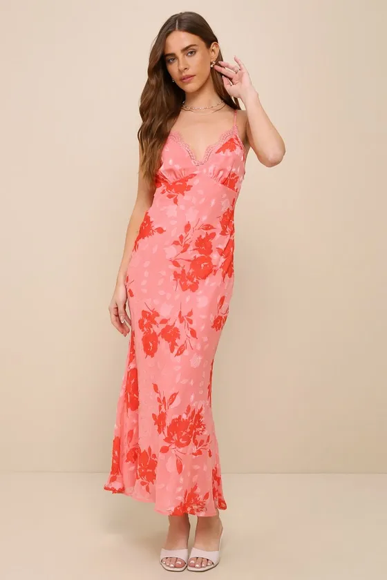 Caught Your Interest Pink Floral Burnout Lace Cutout Maxi Dress sold by Lulus