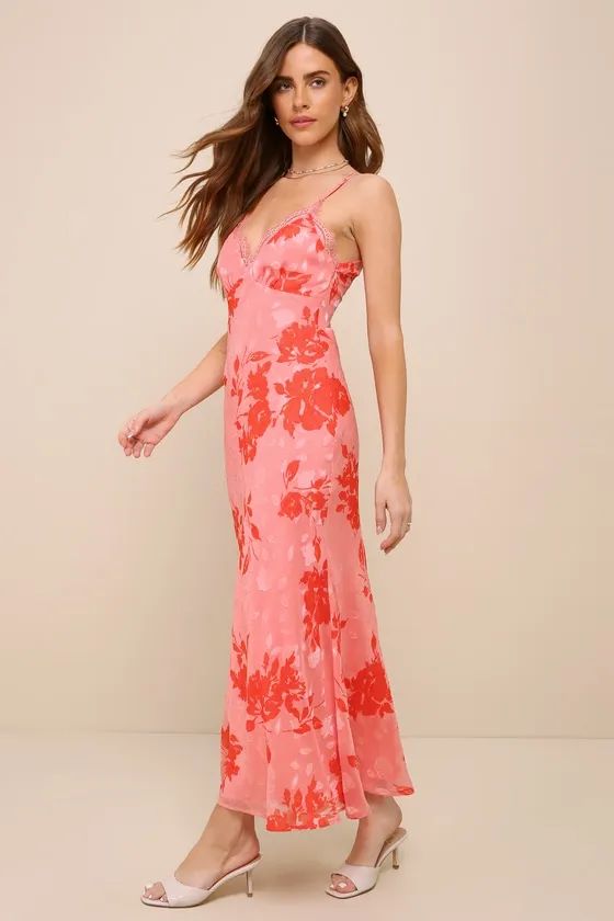 Caught Your Interest Pink Floral Burnout Lace Cutout Maxi Dress sold by Lulus product image thumbnail 3