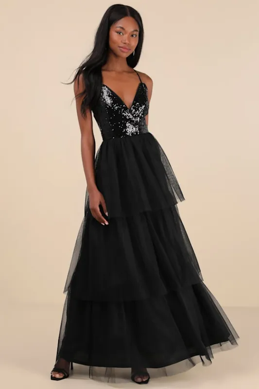 Maydon Black Tulle Sequin Tiered Maxi Dress made by Lulus