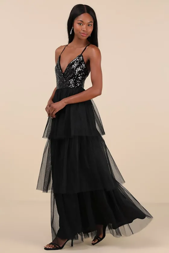 Maydon Black Tulle Sequin Tiered Maxi Dress sold by Lulus product image thumbnail 3