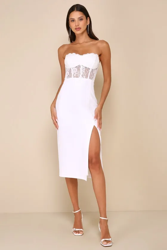 Exquisitely Sultry White Lace Strapless Bustier Midi Dress sold by Lulus