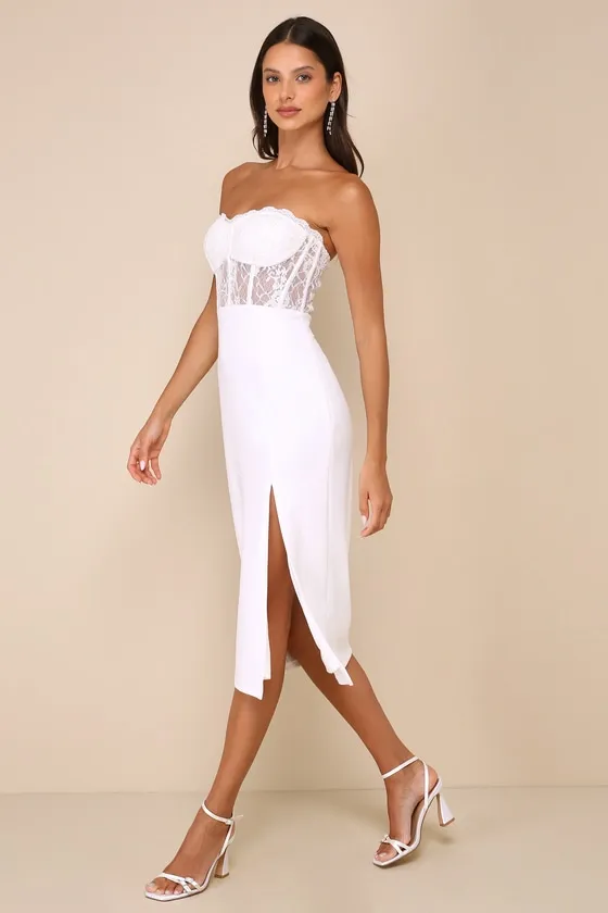 Exquisitely Sultry White Lace Strapless Bustier Midi Dress sold by Lulus product image thumbnail 2