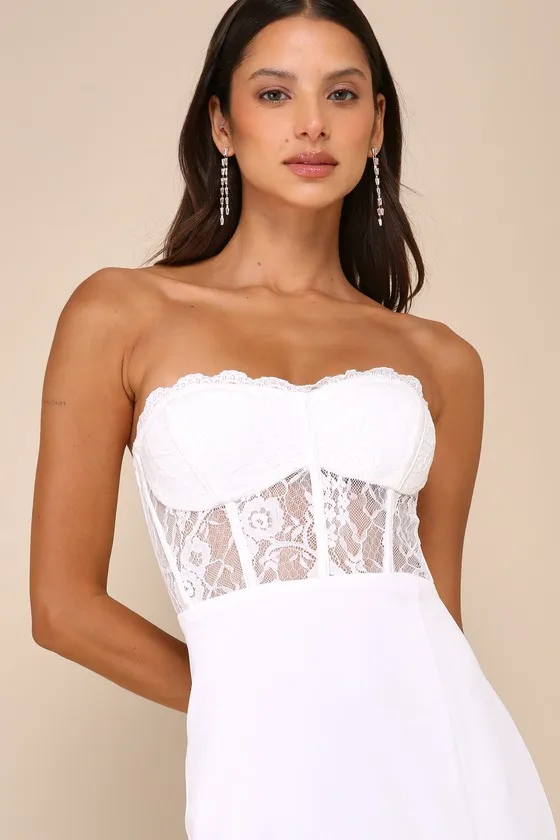 Exquisitely Sultry White Lace Strapless Bustier Midi Dress sold by Lulus product image thumbnail 4
