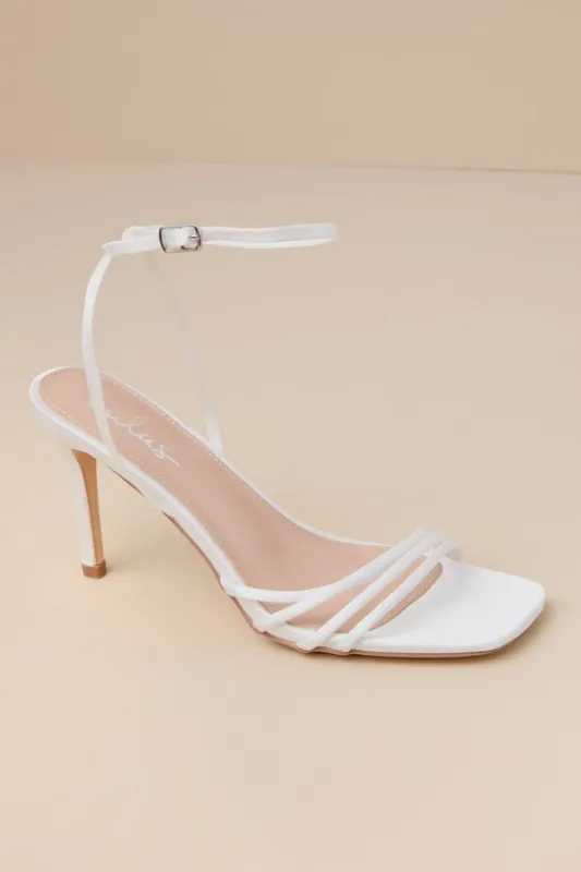 Evangelie White Satin Strappy Square-Toe High Heel Sandals sold by Lulus