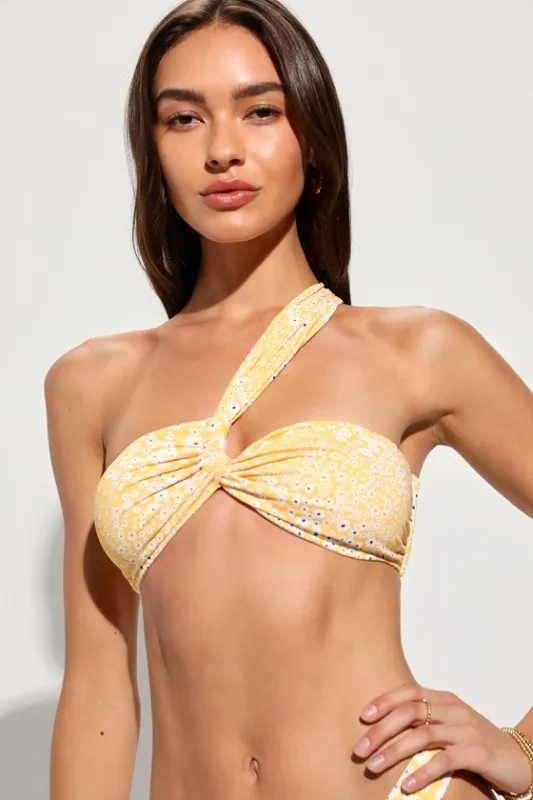 Frankie Yellow Floral Knotted Bandeau Bikini Top sold by Lulus
