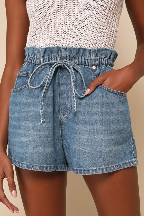 Unexpected Time Medium Wash Denim Paperbag Drawstring Shorts sold by Lulus product image thumbnail 2
