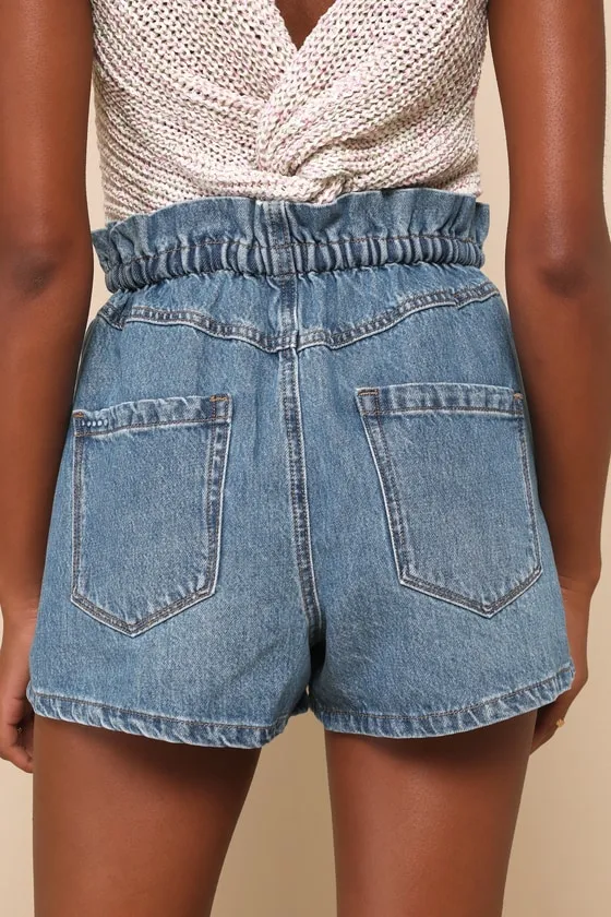 Unexpected Time Medium Wash Denim Paperbag Drawstring Shorts sold by Lulus product image thumbnail 3