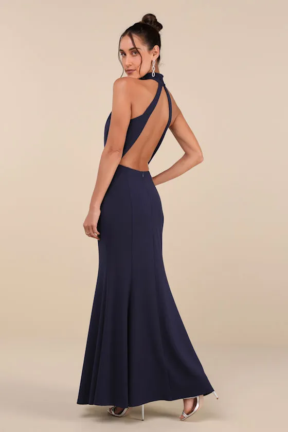 Exceptional Reputation Navy Backless Mermaid Maxi Dress sold by Lulus