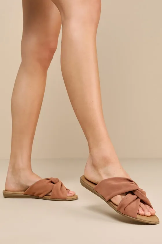 Santana Camel Suede Slide Sandals sold by Lulus