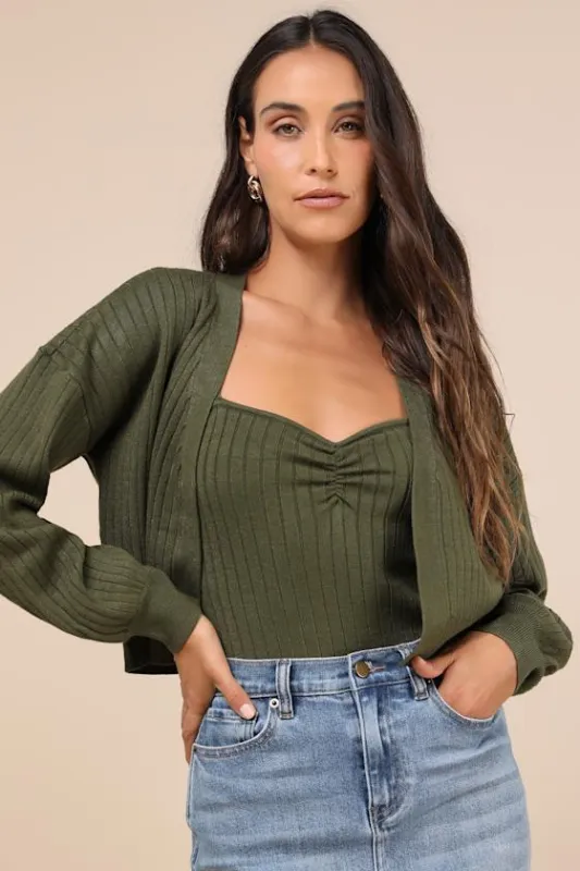Cutest Duet Olive Green Knit Cami Top and Cardigan Sweater Set sold by Lulus