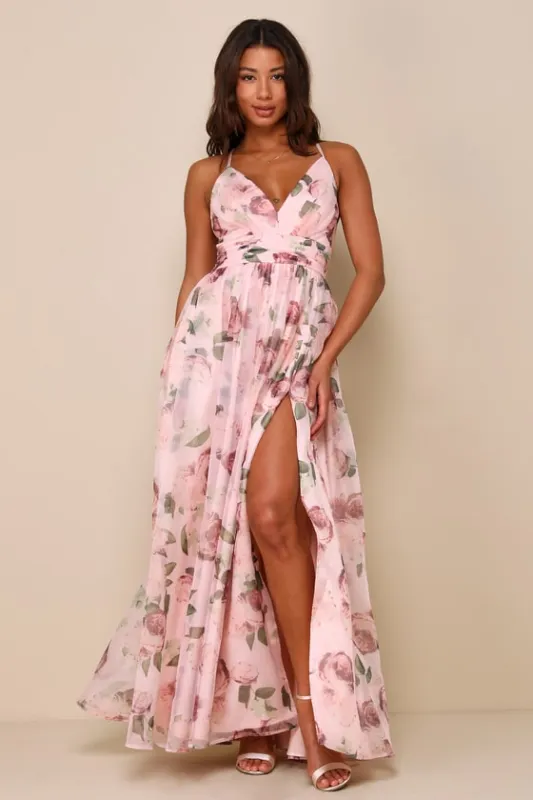 Romance That Wows Blush Floral Print Organza Maxi Dress sold by Lulus