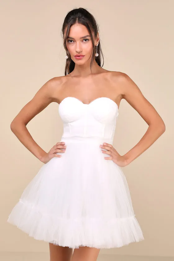 Lovely Flirtation White Tulle Strapless Bustier Mini Dress sold by Lulus
