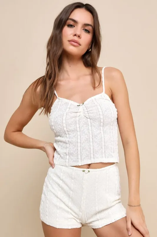 Sleepy Time Sweetie Cream Lace Knit Two-Piece Pajama Set sold by Lulus