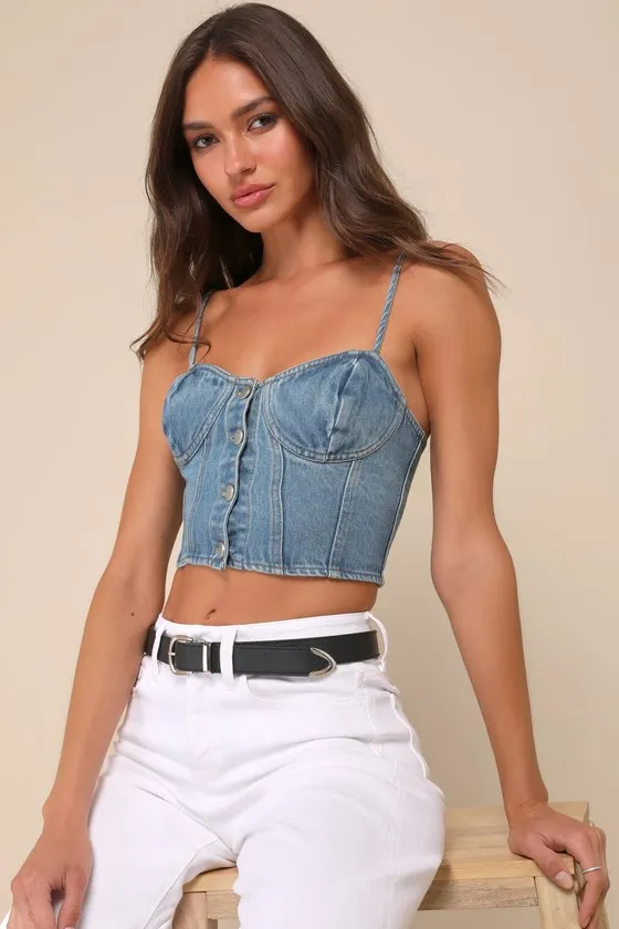 Flirty Daydream Medium Wash Denim Bustier Crop Top sold by Lulus