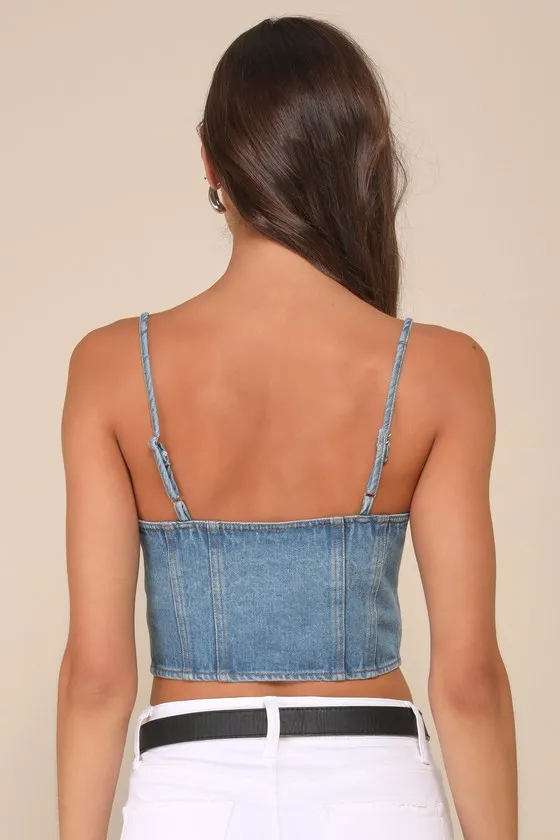 Flirty Daydream Medium Wash Denim Bustier Crop Top sold by Lulus product image thumbnail 3