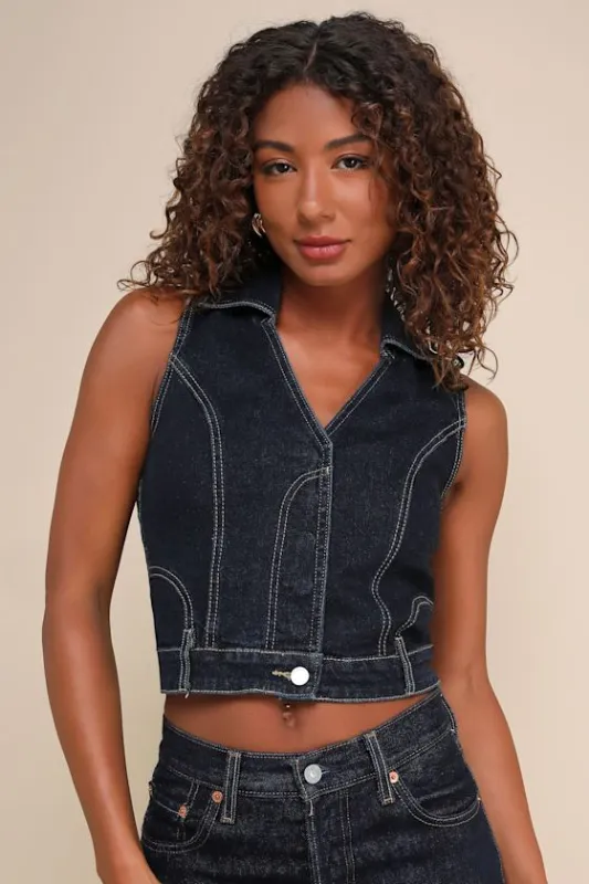 Night Break Dark Wash Collared Denim Vest sold by Lulus
