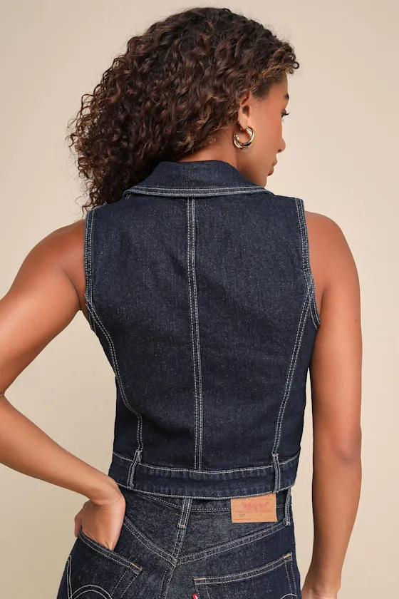 Night Break Dark Wash Collared Denim Vest sold by Lulus product image thumbnail 2