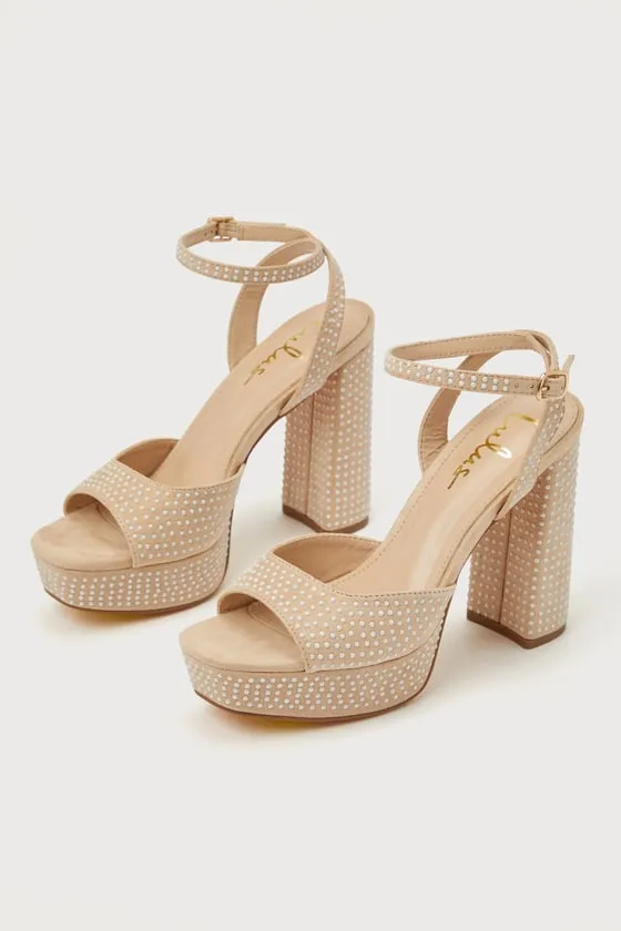 Pearlla Beige Suede Pearl Platform Ankle Strap High Heel Sandals sold by Lulus