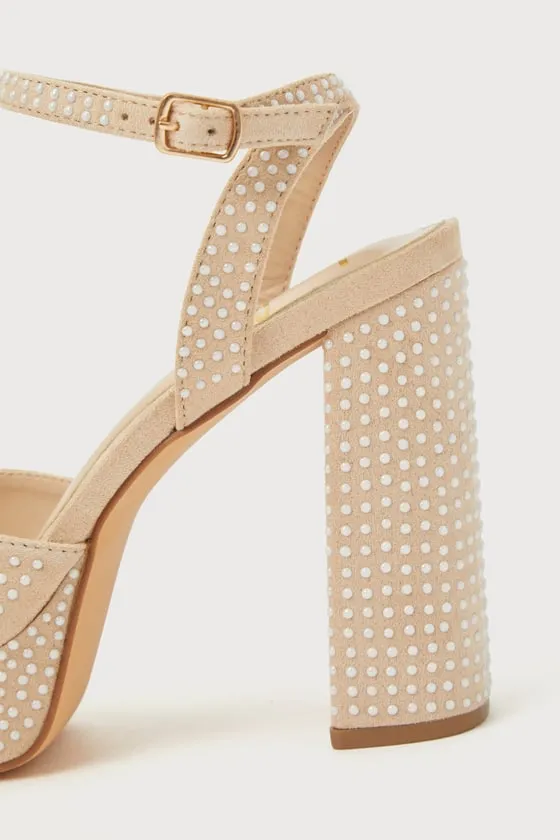 Pearlla Beige Suede Pearl Platform Ankle Strap High Heel Sandals sold by Lulus product image thumbnail 4