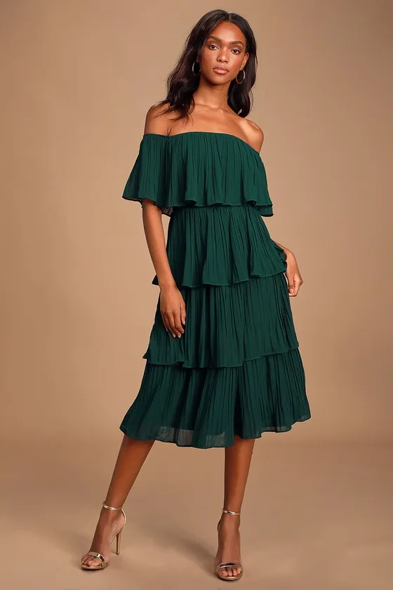 Gala Ready Forest Green Off-the-Shoulder Ruffle Midi Dress sold by Lulus