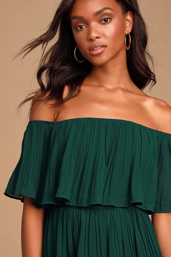 Gala Ready Forest Green Off-the-Shoulder Ruffle Midi Dress sold by Lulus product image thumbnail 3