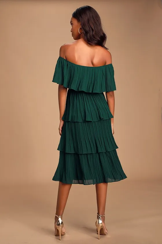Gala Ready Forest Green Off-the-Shoulder Ruffle Midi Dress sold by Lulus product image thumbnail 4