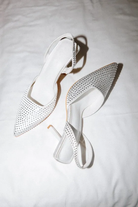 Aldiva White Satin Rhinestone Slingback Pumps sold by Lulus